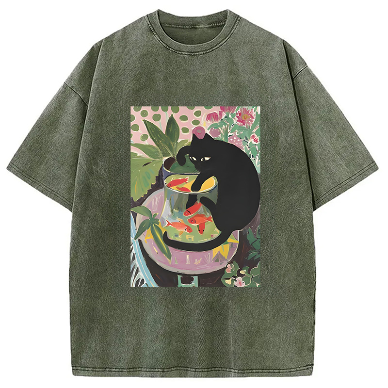 Modecanvas Goldfish And A Cat Washed T-Shirt
