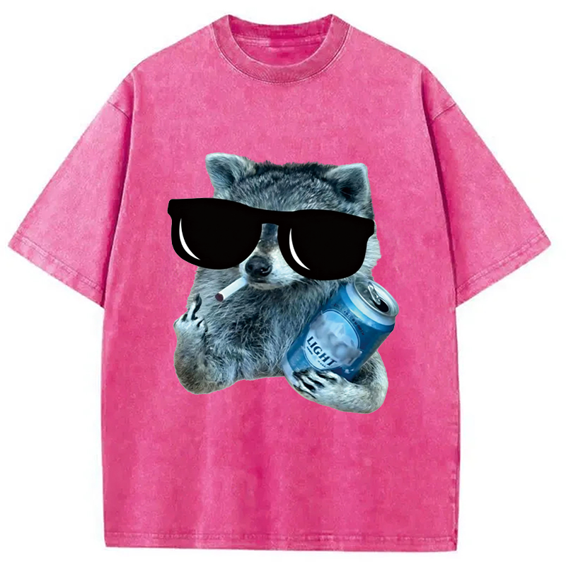 Modecanvas Raccoon Drinking Beer DTG Printing Washed T-Shirt