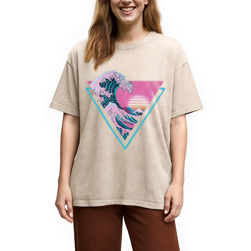 Modecanvas Great Wave Retro Triangle DTG Printing Washed T-Shirt