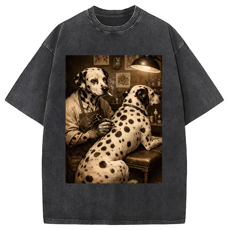 Modecanvas Funny Dalmatian Tattoo Dog DTG Printing Washed T-Shirt