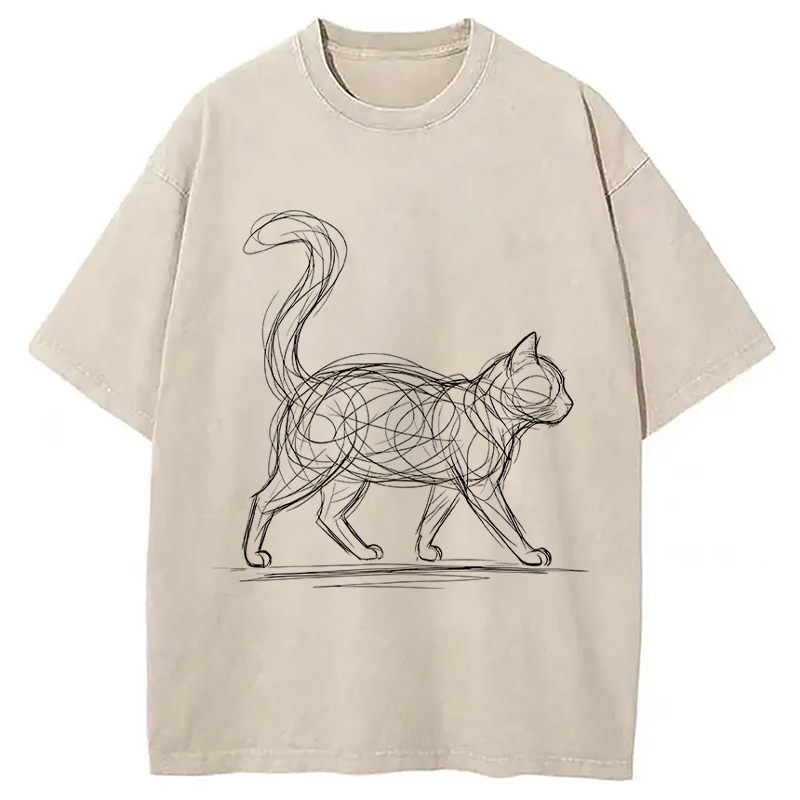 Modecanvas Scribble Cat Minimal Line Art DTG Printing Washed T-Shirt