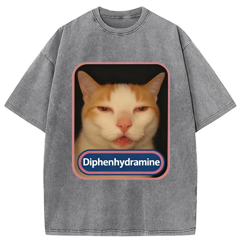 Modecanvas Pink Diphenhydramine Meme Cat Washed T-Shirt-modecanvas