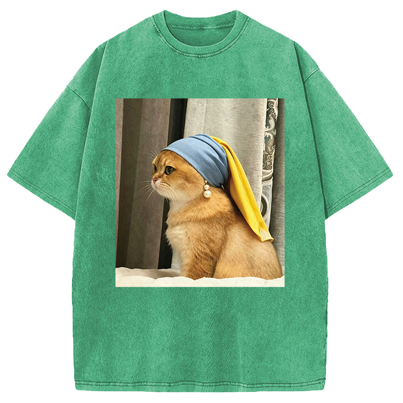 Modecanvas Cat with Pearl Earring Meme DTG Printing Washed T-Shirt