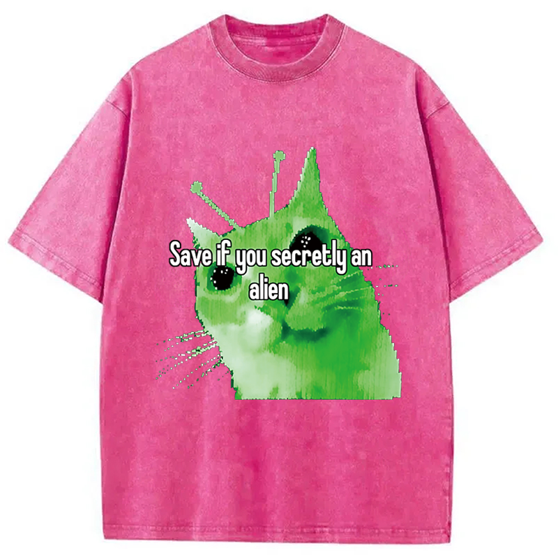 Modecanvas Alien Cat Meme Funny DTG Printing Washed T-Shirt