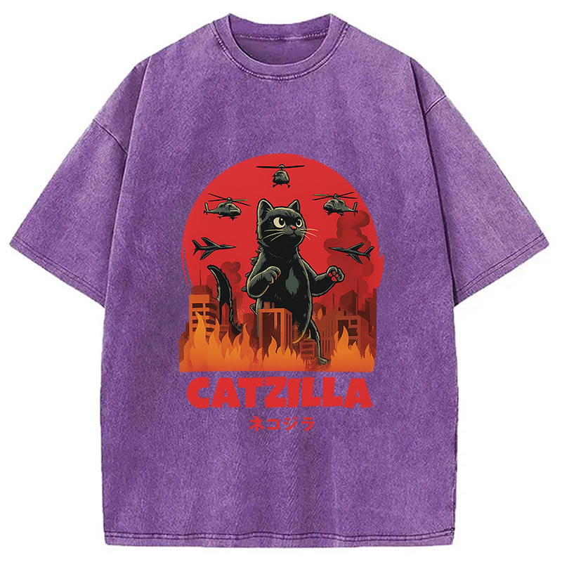 Modecanvas Catzilla Cat Japanese Vintage Washed T-Shirt