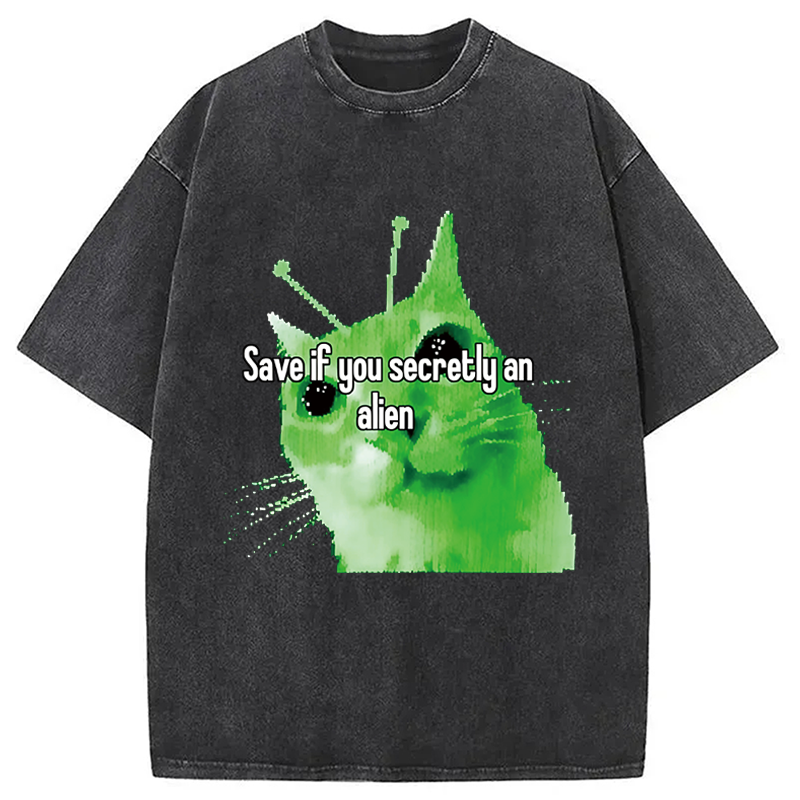 Modecanvas Alien Cat Meme Funny DTG Printing Washed T-Shirt