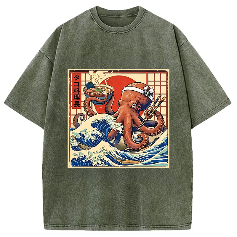 Modecanvas Ukiyo-E Octopus Ramen DTG Printing Washed T-Shirt
