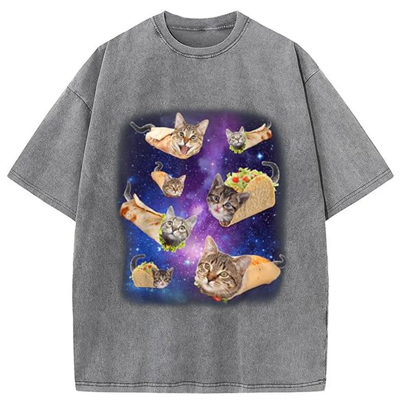 Modecanvas Burrito Cat and Taco Cat Space Galaxy Meme Washed T-Shirt