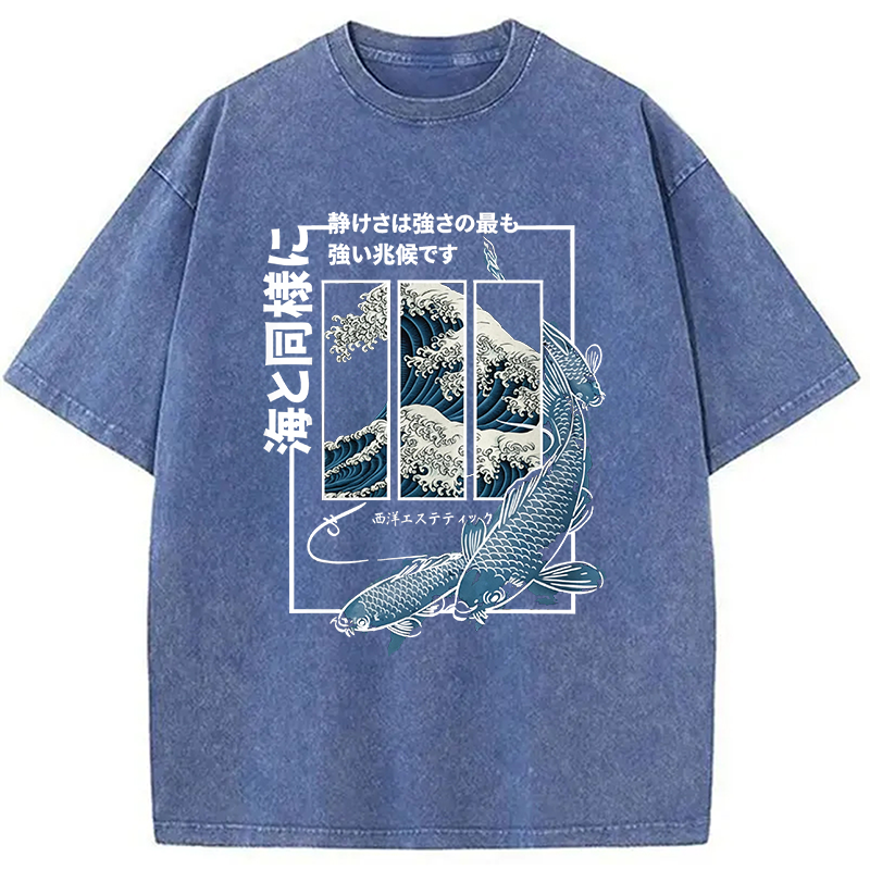 Modecanvas Koi Fish Great Wave DTG Printing Washed T-Shirt
