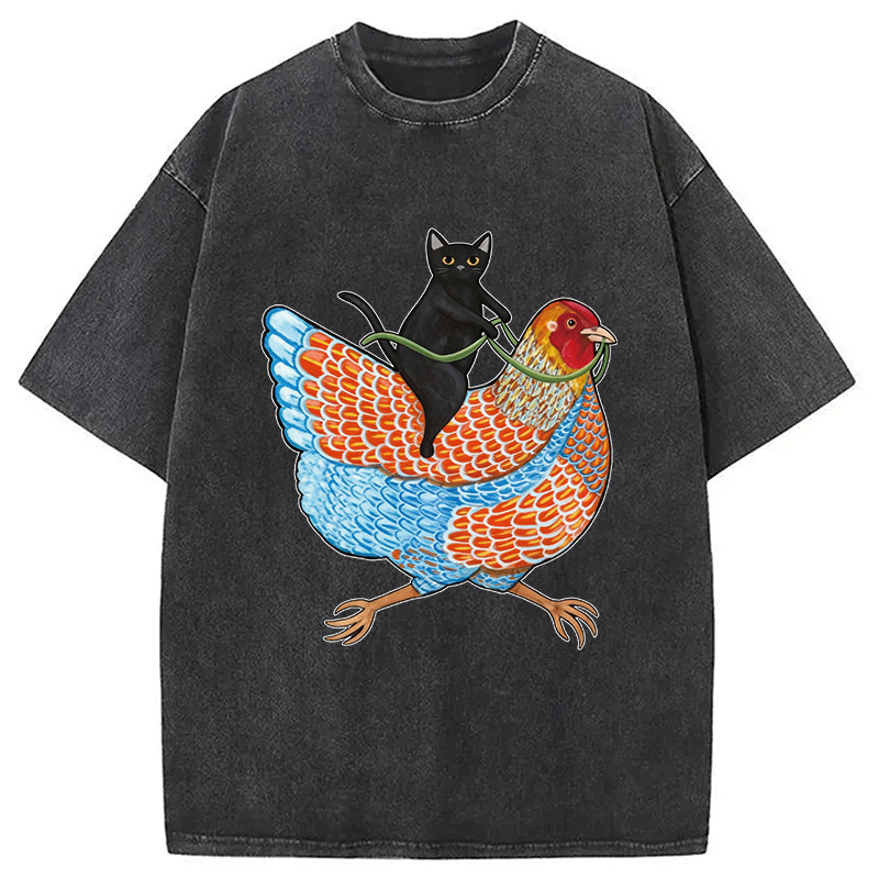 Modecanvas Black Cat On a Wyandotte Chicken Washed T-Shirt-modecanvas