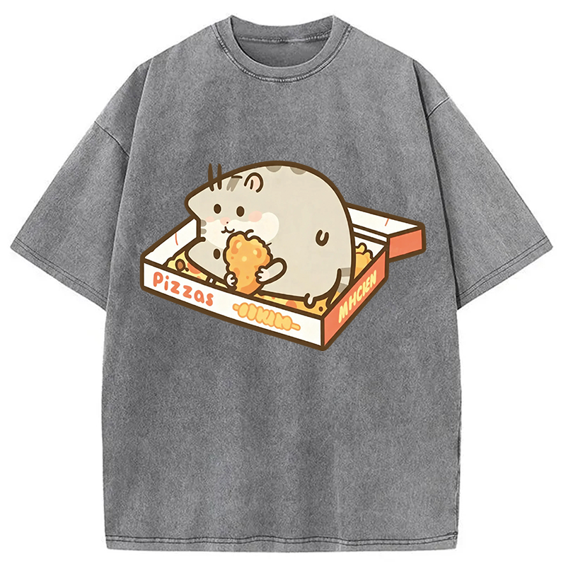 Modecanvas Cute Hamster Pizza DTG Printing Washed T-Shirt