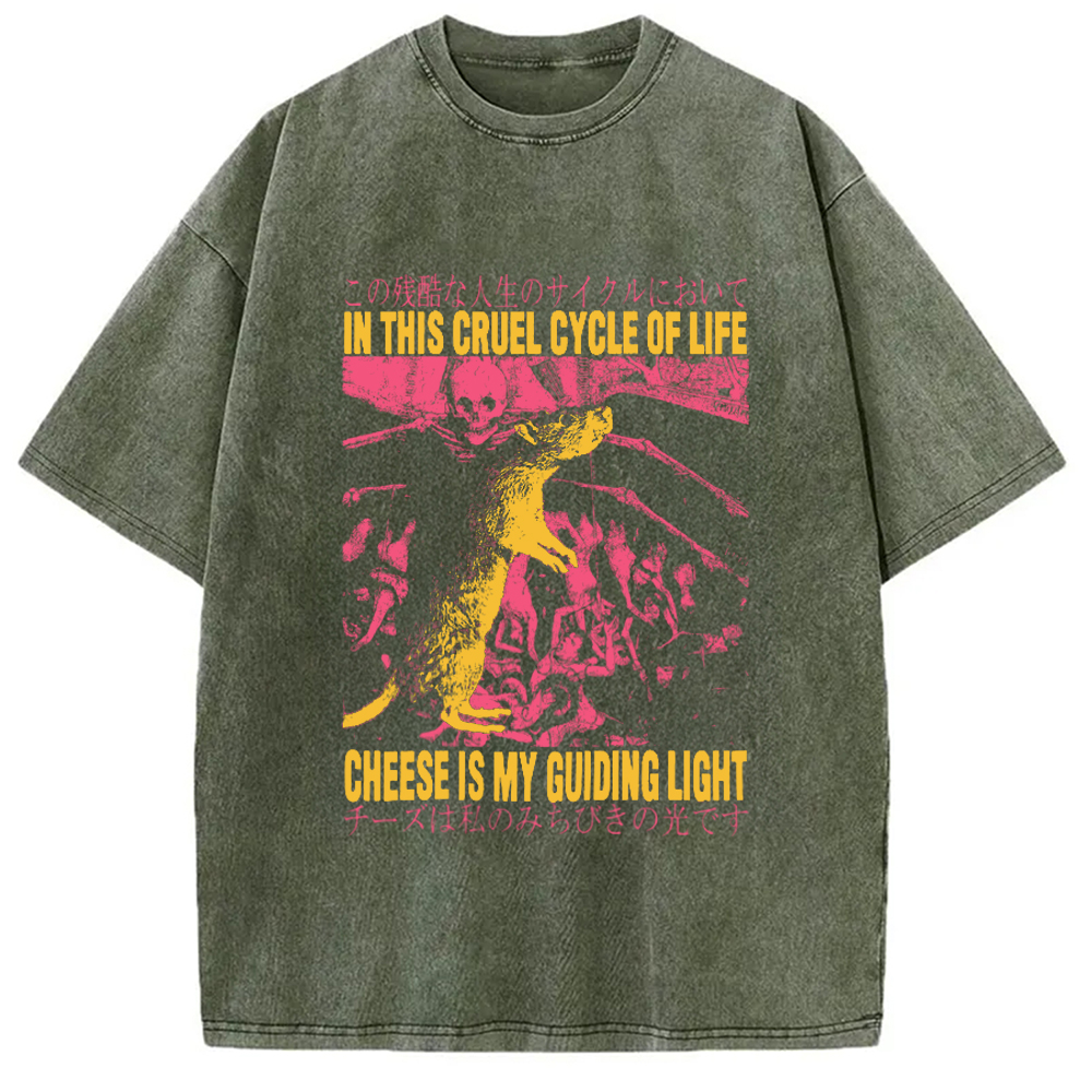Modecanvas Cheese is My Guiding Light Rat Washed T-Shirt-modecanvas