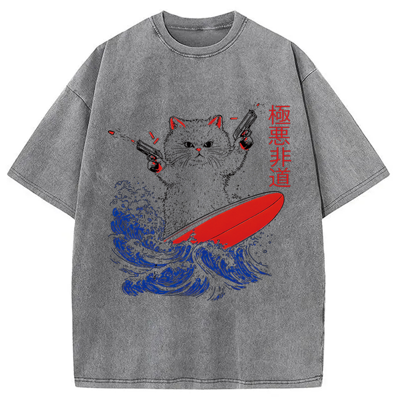 Modecanvas 90s Kitten Surf DTG Printing Washed T-Shirt-modecanvas