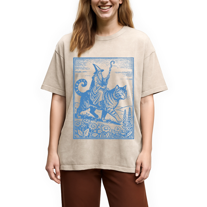 Modecanvas Wizard Cat Rider Vintage DTG Printing Washed T-Shirt