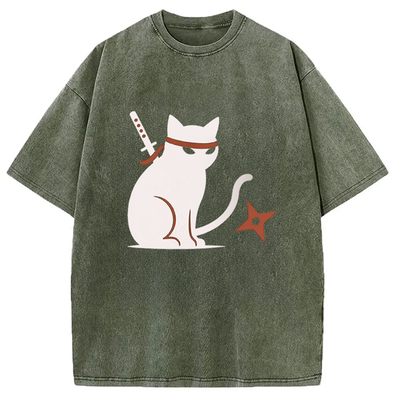 Modecanvas Japanese Ninja Neko Kimono Cat DTG Printing Washed T-Shirt