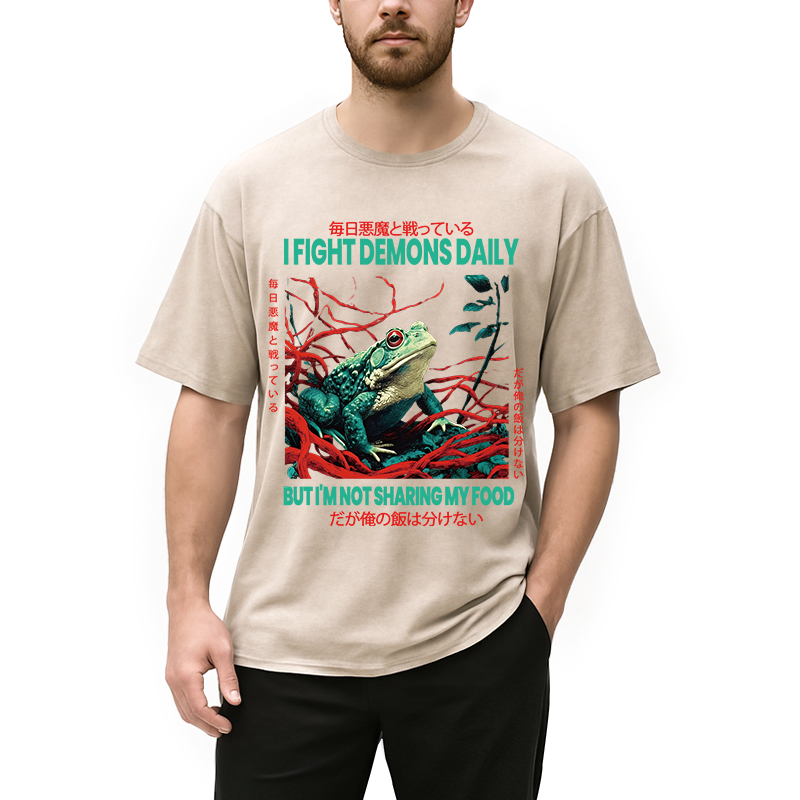 Modecanvas Japanese Frog Horror Art DTG Printing Washed T-Shirt-modecanvas