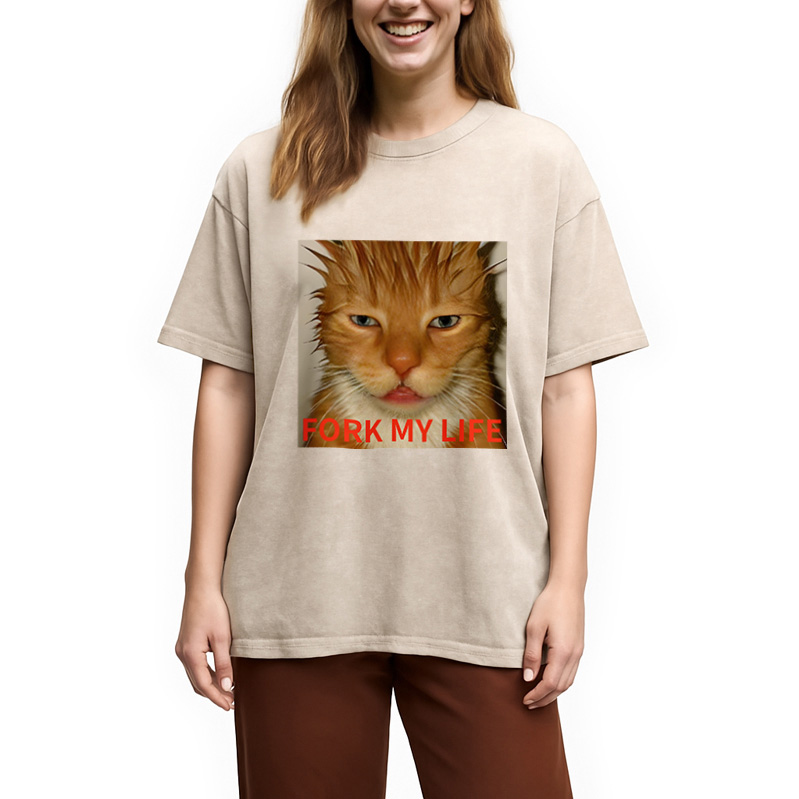 Modecanvas Orange Cat Fork My Life Washed T-Shirt