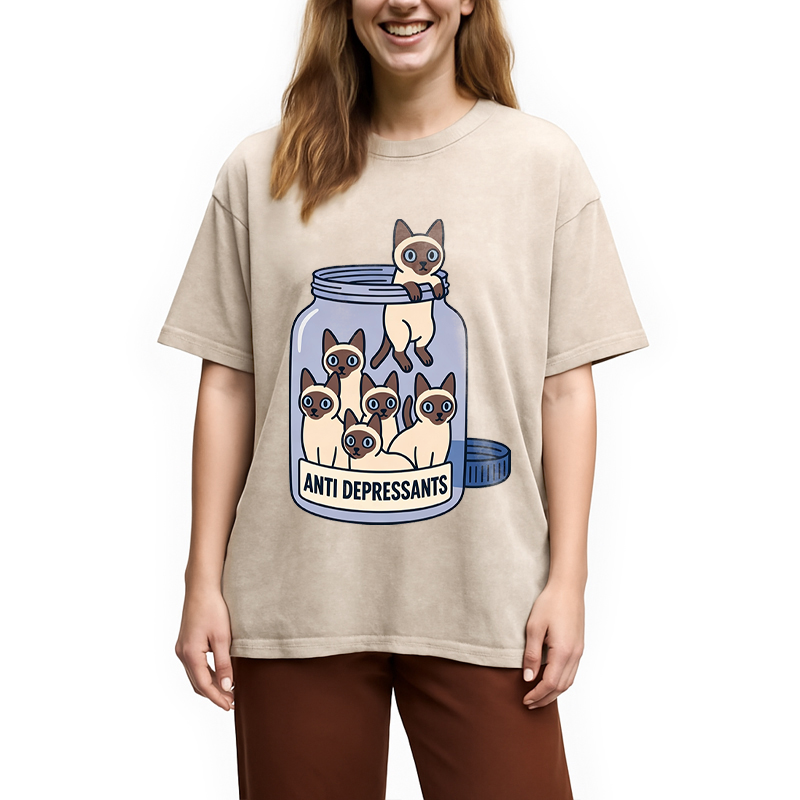 Modecanvas Cute Siamese DTG Printing Washed T-Shirt