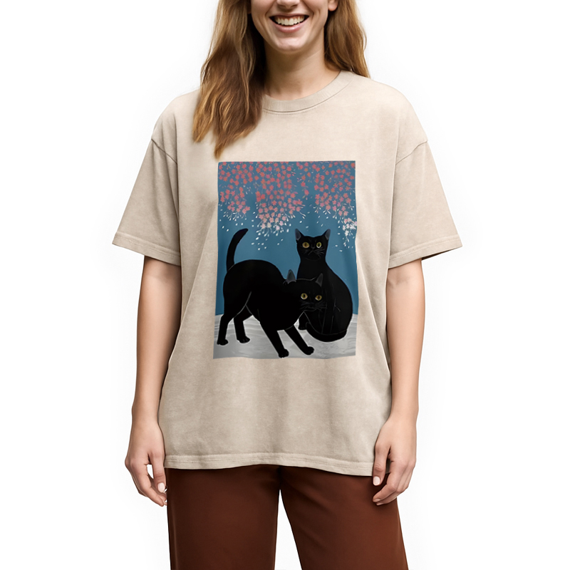 Modecanvas Black Cat Under The Sakura Washed T-Shirt