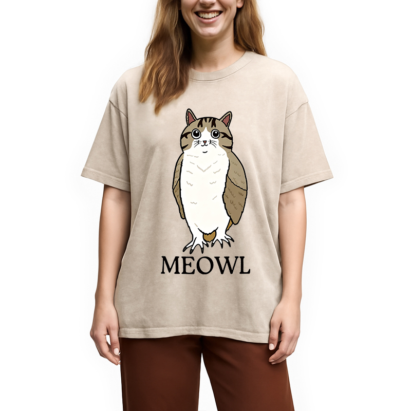 Modecanvas Meowl Meme DTG Printing Washed T-Shirt