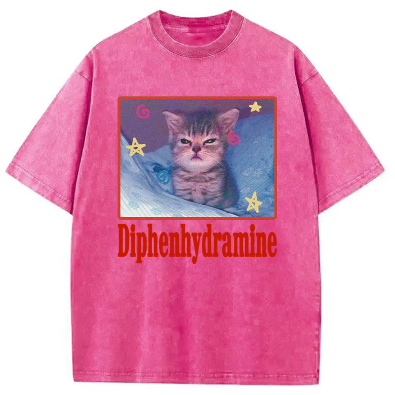 Modecanvas Diphenhydramine Cat Meme Washed T-Shirt-modecanvas