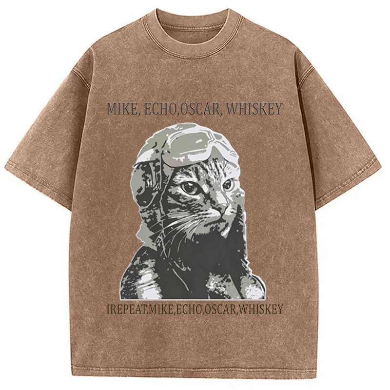 Modecanvas Funny Pilot Cat Meme DTG Printing Washed T-Shirt