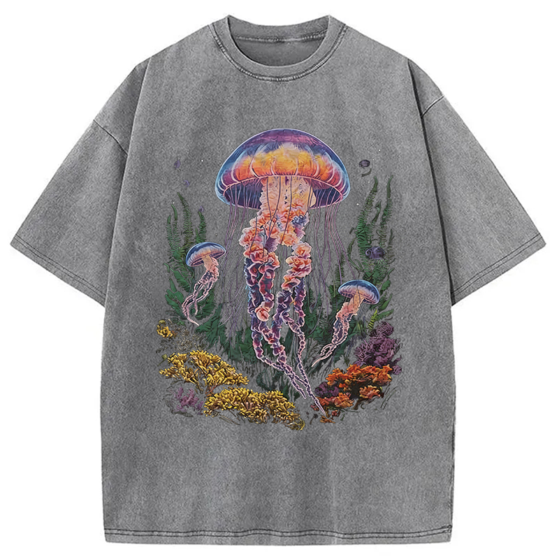 Modecanvas Vintage Jellyfish Dark Ocean Grunge DTG Printing Washed T-Shirt