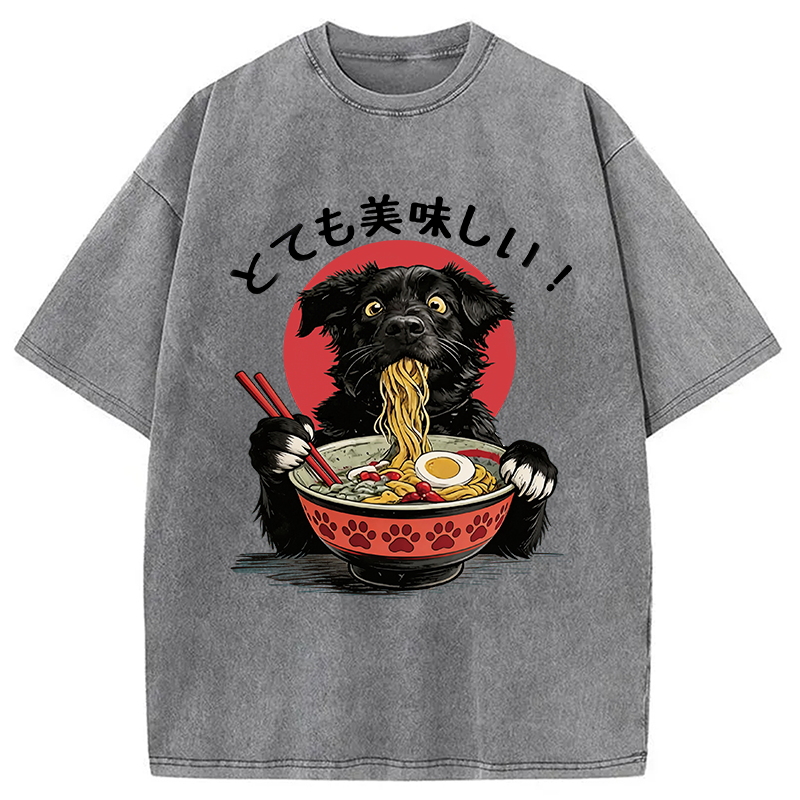 Modecanvas Dog Eating Ramen Joyfully DTG Printing Washed T-Shirt