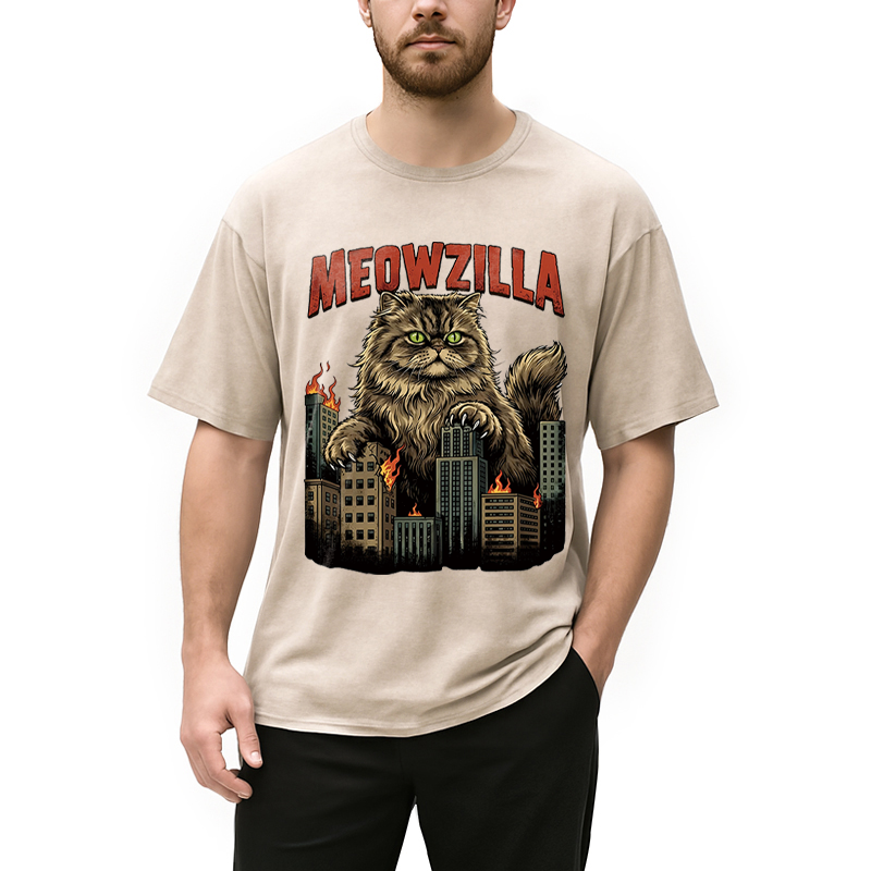 Modecanvas Cat  Attack DTG Printing Washed T-Shirt