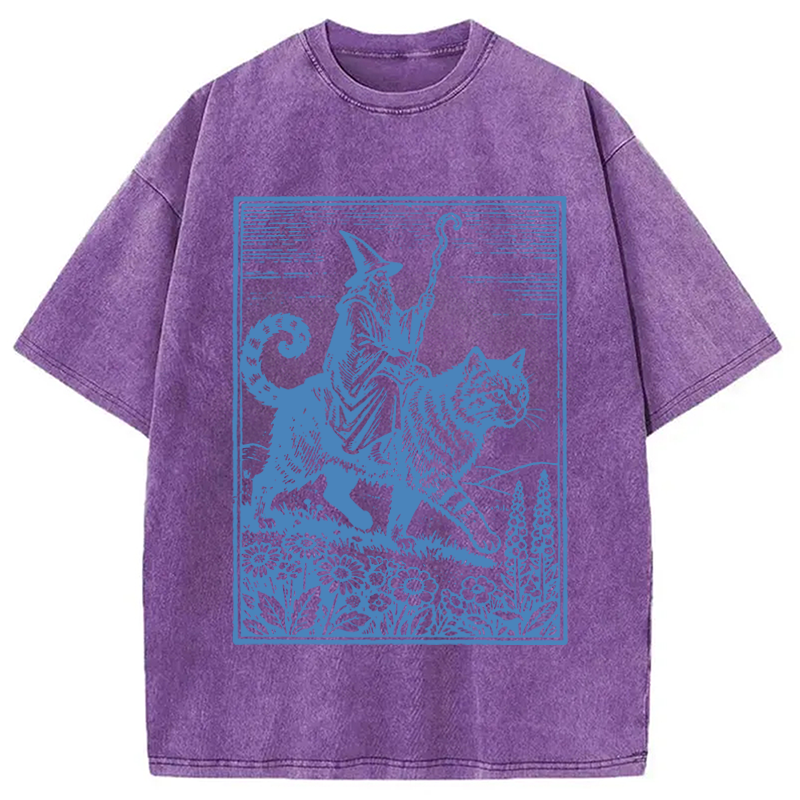 Modecanvas Wizard Cat Rider Vintage DTG Printing Washed T-Shirt