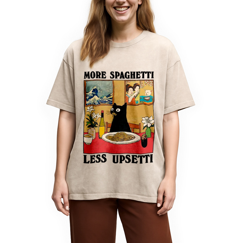 Modecanvas Cat Eating Pasta Washed T-Shirt