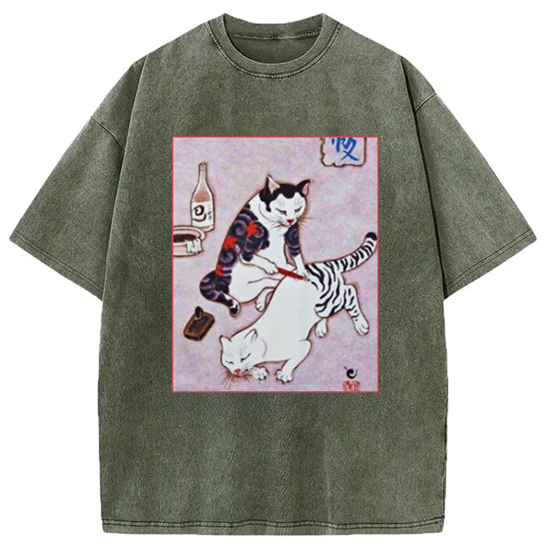 Modecanvas Japanese Tattoo Cat Washed T-Shirt