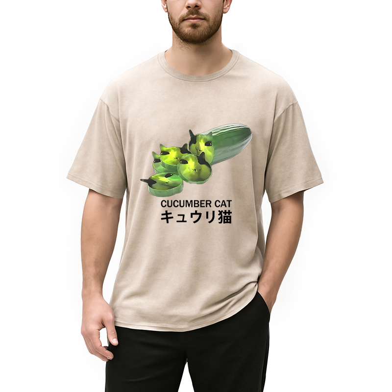 Modecanvas Funny Cucumber Cat Meme Washed T-Shirt