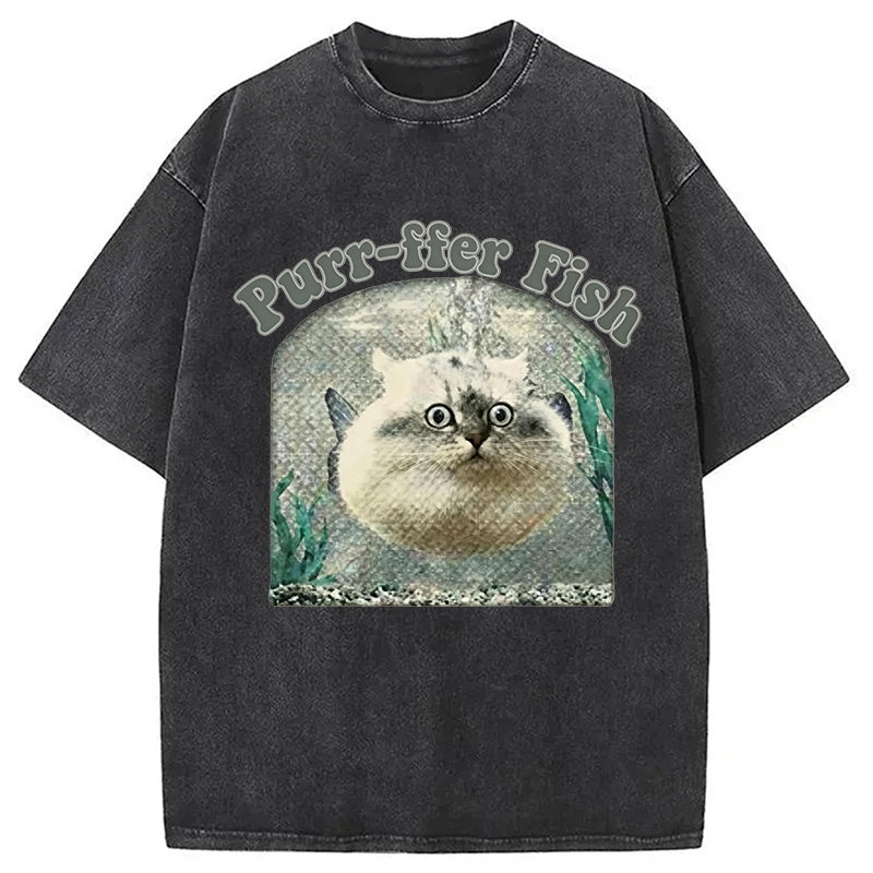 Modecanvas Purr-ffer Fish Cat DTG Printing Washed T-Shirt