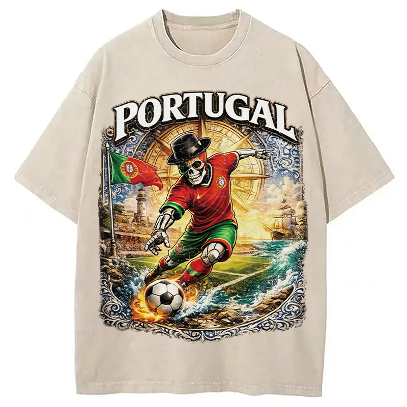 Modecanvas Portugal Soccer Skull DTG Printing Washed T-Shirt