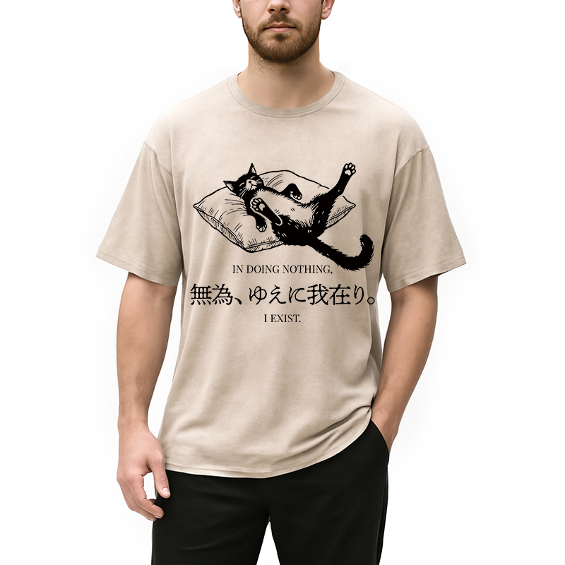 Modecanvas Minimalist Lazy Cat DTG Printing Washed T-Shirt-modecanvas