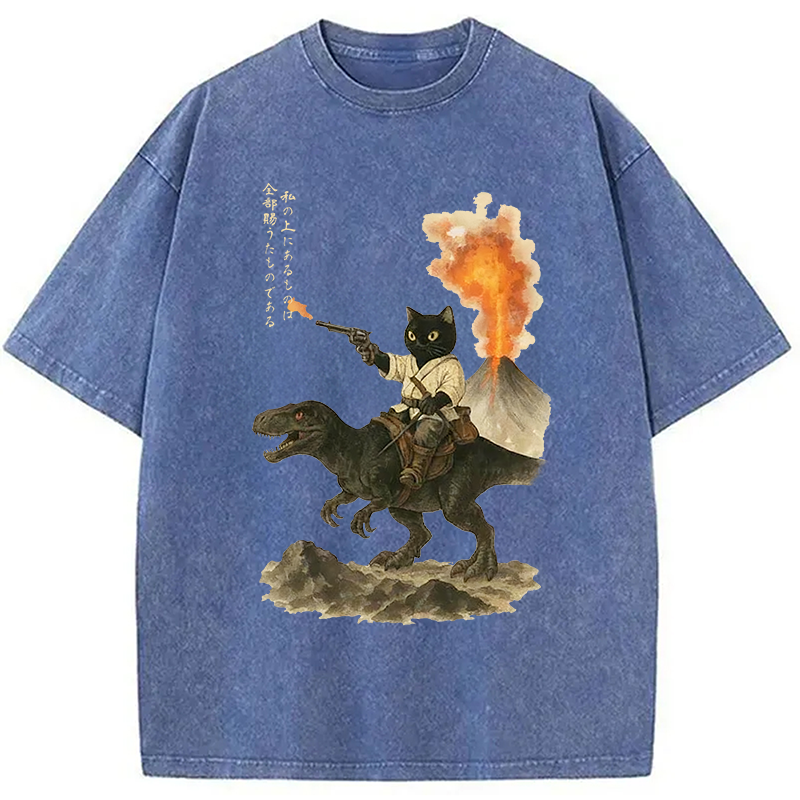 Modecanvas Cat Riding A Dinosaur Washed T-Shirt-modecanvas