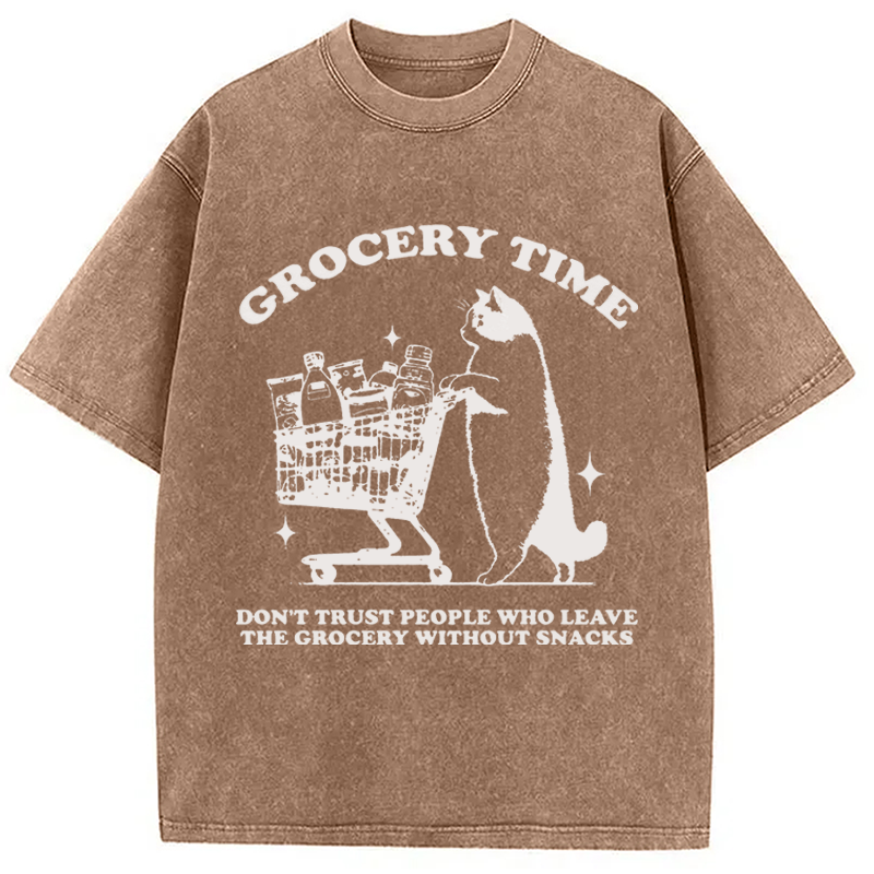 Modecanvas Grocery Time Funny Cat DTG Printing Washed T-Shirt