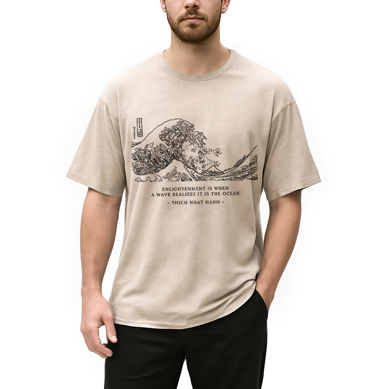 Modecanvas Enlightenment Quote Great Wave DTG Printing Washed T-Shirt