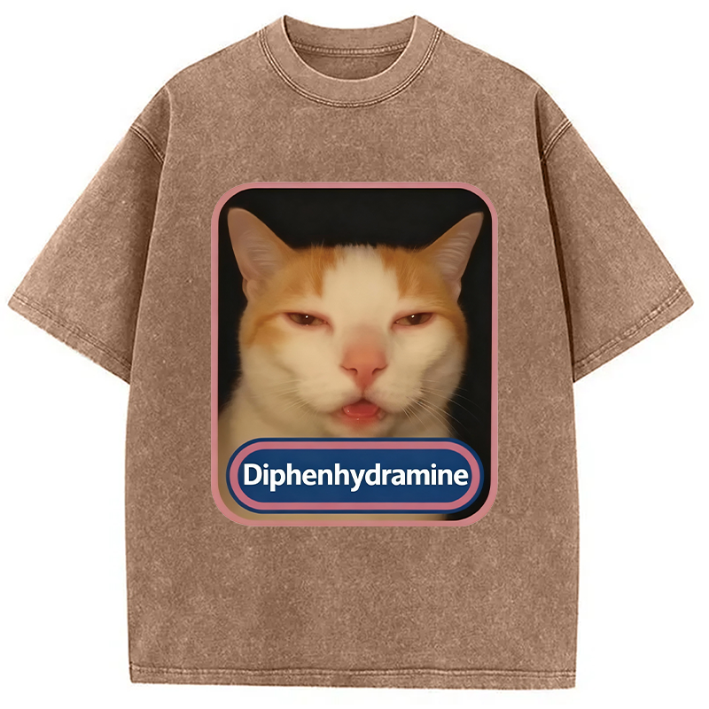 Modecanvas Pink Diphenhydramine Meme Cat Washed T-Shirt-modecanvas