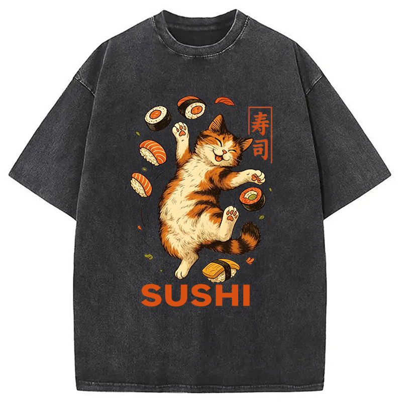 Modecanvas Funny Sushi Cat DTG Printing Washed T-Shirt