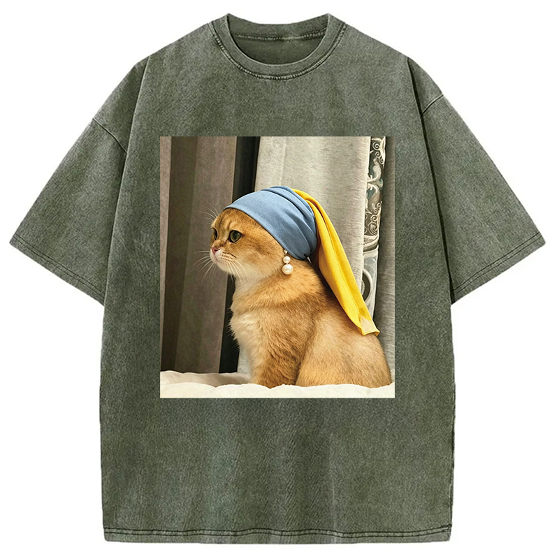 Modecanvas Cat with Pearl Earring Meme DTG Printing Washed T-Shirt
