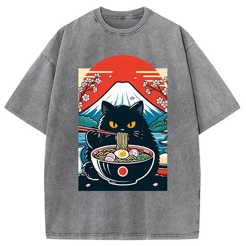 Modecanvas Black Cat Having Ramen Mount Fuji DTG Printing Washed T-Shirt