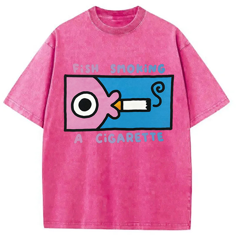 Modecanvas Fish Smoking A Cigarette DTG Printing Washed T-Shirt