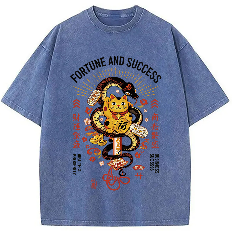 Modecanvas Fortune And Success Maneki Neko DTG Printing Washed T-Shirt