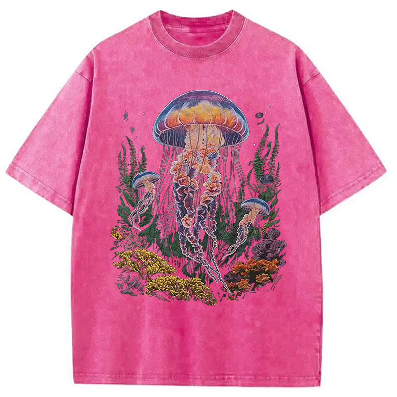 Modecanvas Vintage Jellyfish Dark Ocean Grunge DTG Printing Washed T-Shirt