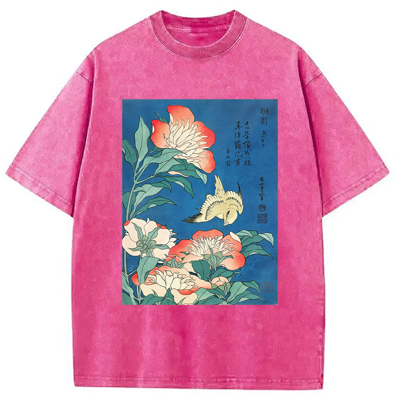 Modecanvas Hokusai Flowers Peonies Bird Washed T-Shirt