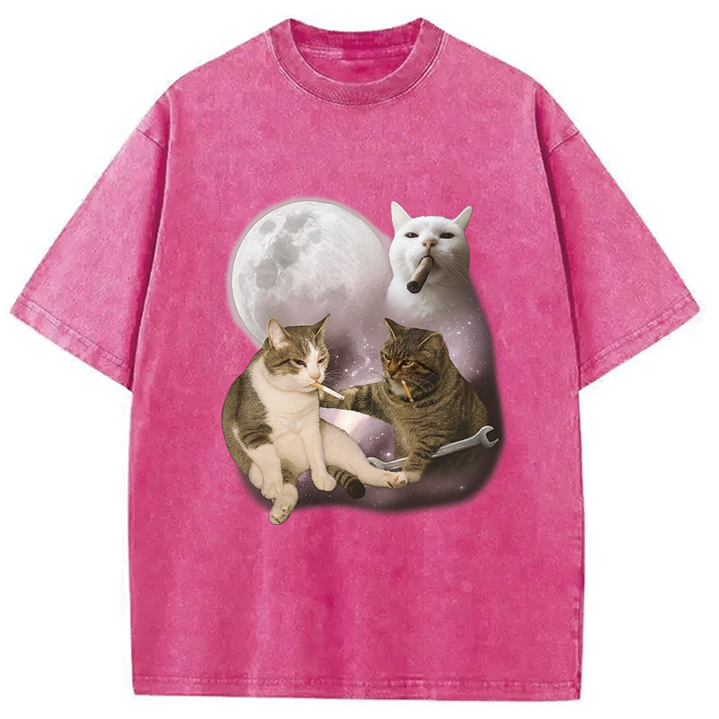 Modecanvas Three Cat Smoking Retro Washed T-Shirt