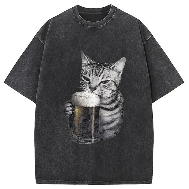 Modecanvas Cheers With The Cat Washed T-Shirt-modecanvas