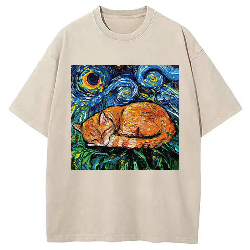 Modecanvas Orange Tabby Night full DTG Printing Washed T-Shirt